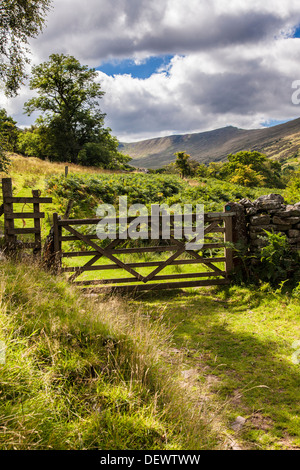 A five bar wooden gate across a public footpath in the Cwm Oergwm in the Brecon Beacons National Park. Stock Photo