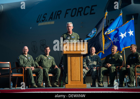 Gen. Paul Selva, Air Mobility Command commander, gives a speech during a delivery ceremony Sept. 12, 2013, on the flight line at Joint Base Charleston - Air Base, S.C. This historical event comes more than 20 years after the 437th Airlift Wing and the 315 Stock Photo