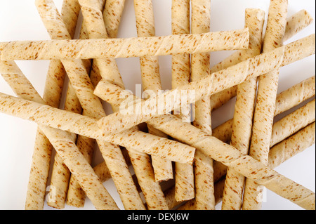 waffle rolls with chocolate cream on white background Stock Photo