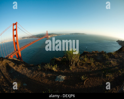 A wide, fisheye view of the Golden Gate Bridge and the Marin Headlands as seen from Marin Country, California. Stock Photo