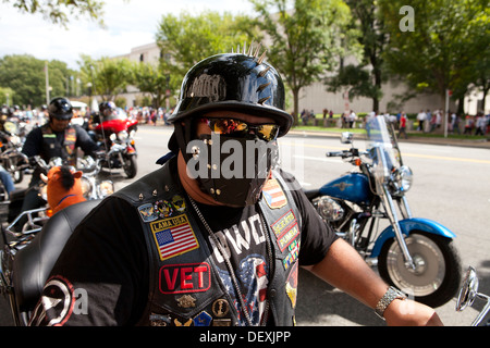 Harley Davidson motorcycle rider wearing leather mask Stock Photo