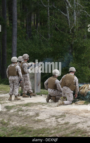 A Marine with Bridge Company, 8th Engineer Support Battalion, 2nd Marine Logistics Group fires an M-203 grenade launcher downrange as part of a grenade training exercise aboard Camp Lejeune, N.C., Sept. 17, 2013. The operation provided the service members Stock Photo