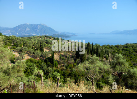 View looking towards Skorpios Island from hill above Spartochori, Meganisi, Ionian Islands, Greece. Stock Photo