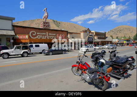 Motorcycles and the Million Dollar Cowboy Bar, Jackson, Wyoming, USA, PublicGround Stock Photo