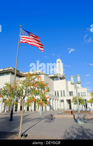 Stars and Stripes, flag of the USA in front of the Conference Centre of the Church of Jesus Christ of Latter-day Saints Stock Photo