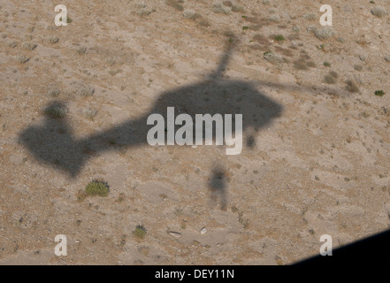 A U.S. Army soldier with the Medevac Platoon 'Dustoff,' Company C, 3rd Battalion, 238th Aviation Regiment, Task Force Dragon, is hoisted back into his crew's UH-60 Black Hawk helicopter during a training exercise near Forward Operating Base Fenty, Nangarh Stock Photo