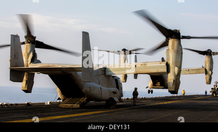 MV-22B Osprey assigned to Marine Medium Tiltrotor Squadron (VMM) 266 (Reinforced), 26th Marine Expeditionary Unit (MEU), on the Stock Photo
