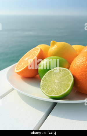 Oranges, lemons and limes by the coast Stock Photo