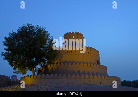 A tower of the Al Ain Palace Museum or Sheikh Zayed Palace Museum at dawn, Al Ain, Abu Dhabi, United Arab Emirates Stock Photo