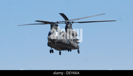 A 10th Combat Aviation Brigade CH-47 Chinook helicopter flies a personnel and equipment movement mission, Sept. 22, over Ghazni Stock Photo