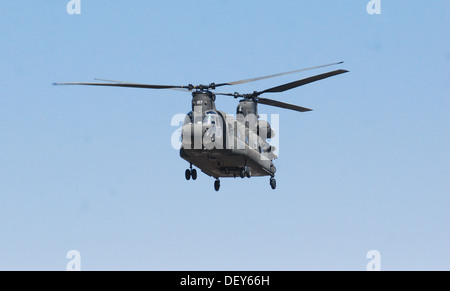 A 10th Combat Aviation Brigade CH-47 Chinook helicopter flies a personnel and equipment movement mission, Sept. 22, over Ghazni Stock Photo