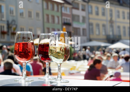 Glasses with red, white and rosé wine, wine festival, Freiburg im Breisgau, Black Forest, Baden-Wuerttemberg Stock Photo