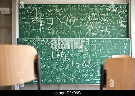 Blackboard full with writing Stock Photo