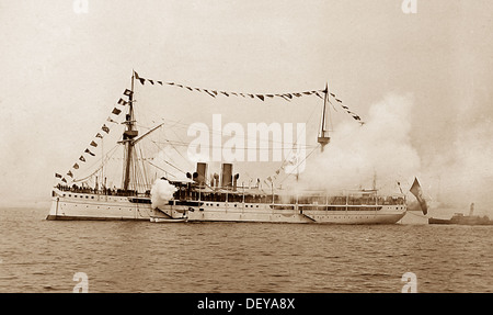 Naval Review Queen Victoria's Diamond Jubilee in 1897 at Spithead - Siamese warship firing a salute Stock Photo