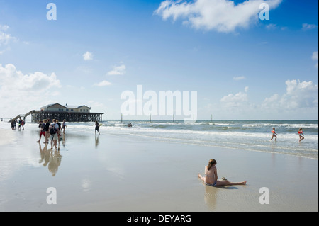 Beach and building on stilts, St Peter-Ording, North Frisia, Schleswig-Holstein Stock Photo