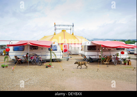 Circus wagons and circus tent, Swiss Circus Monti, Freiburg, Baden-Wuerttemberg Stock Photo