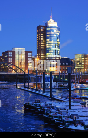 The marina in the Hamburg harbor, in the back the HTC Hanseatic Trade Center, Hamburg Stock Photo