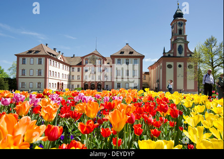 Schloss Mainau Castle and a colourful tulip field, Insel Mainau, Konstanz, Baden-Württemberg, Germany Stock Photo