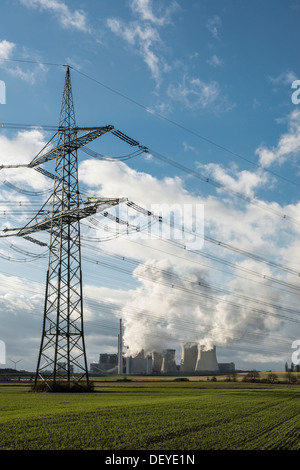 Power lines and the Neurath lignite-fired power station, Grevenbroich, Rhineland, North Rhine-Westphalia, Germany Stock Photo