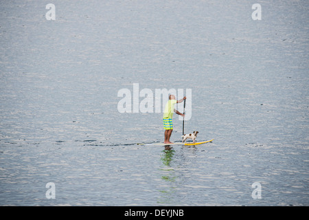 Stand-up paddler with dog, L'Escala, Costa Brava, Catalonia, Spain Stock Photo