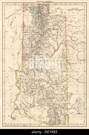 Map of Utah and Arizona territories, 1870s. Color lithograph Stock Photo