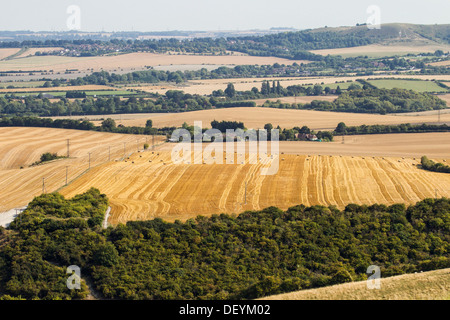 Freshly harvested fields with hay bales, on the Bedfordshire Buckinghamshire border Stock Photo