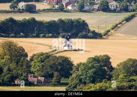 Pitstone Windmill, seen from the top of Ivinghoe Beacon, is one of the oldest windmills in Britain Stock Photo