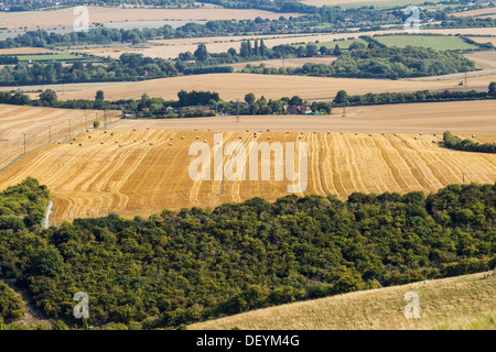 Freshly harvested fields with hay bales, on the Bedfordshire Buckinghamshire border Stock Photo