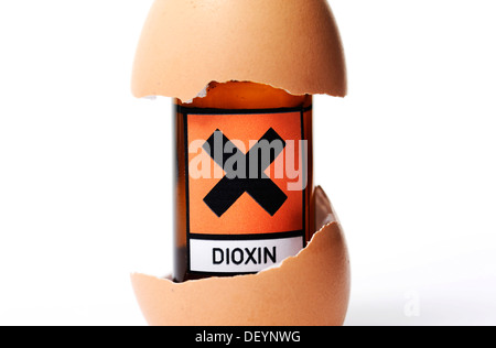 Chicken egg with a hazard sign, symbolic image for dioxin ...