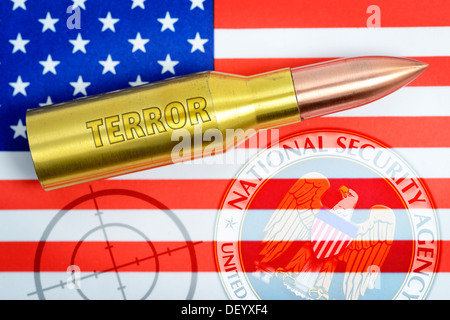 Cartridge with terror stroke on USA flag, terror warning, Patrone mit Terror-Schriftzug auf USA-Fahne, Terrorwarnung Stock Photo