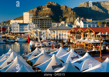 Boats, outdoor cafes, Table Mountain, Victoria & Alfred Waterfront, Cape Town, Western Cape, South Africa, Africa Stock Photo