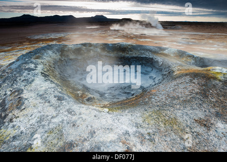 Solfataras, fumaroles, mud pools, sulfur and other minerals, steam, Hveraroend geothermal area, Námafjall mountains Stock Photo