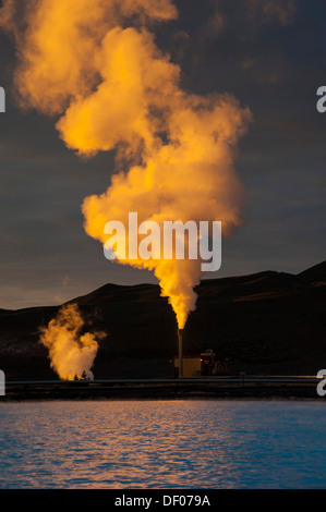 Geothermal power station near Myvatn at sunset, Norðurland eystra, north-east region, Iceland, Europe Stock Photo