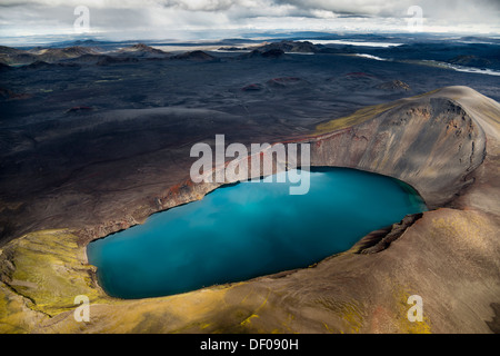 Aerial view, Hnausapollur crater lake or volcano caldera, also known as Bláhylur or Litlavíti, Landmannalaugar Stock Photo