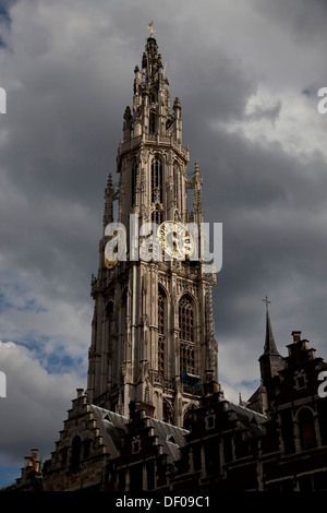 church tower of The Onze-Lieve-Vrouwekathedraal (Cathedral of our Lady) and central Antwerp, Belgium, Europe Stock Photo