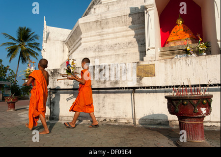 Young Buddhist monks with offerings in front of a Pagoda or Chedi, Temple complex of Wat Phra That Doi Kong Mu, Mae Hong Son Stock Photo