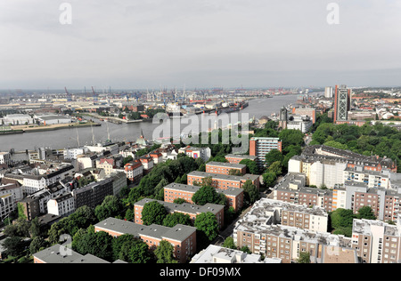 Elbe river and the port area, view vom St. Michaelis Church, or Michel, to the Hanseatic City of Hamburg Stock Photo