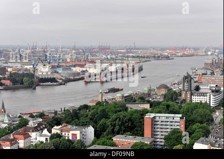 Elbe river with port area, view from St. Michaelis Church, or Michel, to the Hanseatic City of Hamburg Stock Photo