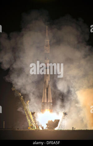 International Space Station Expedition 37 flight crew lift off on the Soyuz TMA-10M rocket launch at the Baikonur Cosmodrome September 26, 2013 in Baikonur, Kazakhstan. Stock Photo