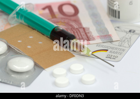 Syringe, patch, tablet, symbolic picture for co-payment in health insurance, health costs Stock Photo