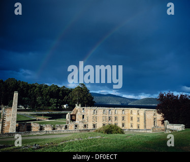 Australia, Tasmania, Port Arthur, double rainbow over former prison camp. Stock Photo
