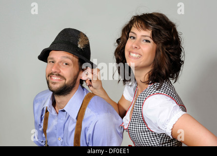 Couple wearing traditional Tyrolean costumes, portrait Stock Photo