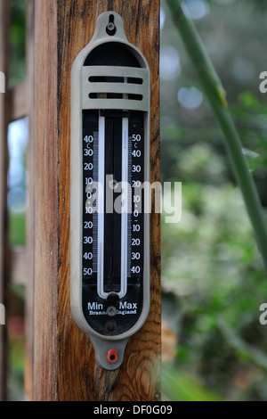 Thermometer hanging on a post in greenhouse Stock Photo