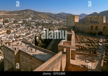 Alhambra, Panoramic view from Alcazaba with Albaicin quarter and Sacromonte, Granada, Region of Andalusia, Spain, Europe Stock Photo