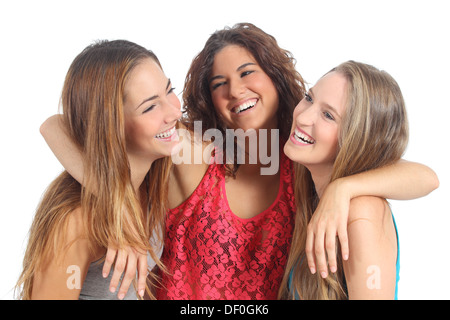 Group of three girls hugging happy isolated on a white background Stock Photo