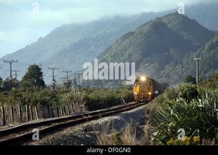 Train line near Granity, where the Denniston Coal mine still operates, South Island, New Zealand Stock Photo