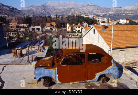 Dubrovnik Croatia Bombed Housing Estate Burnt Out Car March 1994 Stock Photo