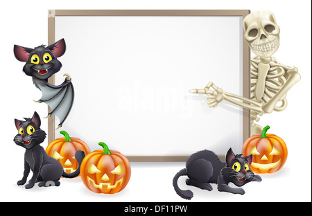 Halloween sign or banner with Halloween pumpkins, black witch's cats and cartoon skeleton and vampire bat characters Stock Photo