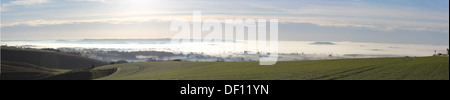 Panoramic Shot from Whitesheet Hill Early morning mist Dorset Stock Photo