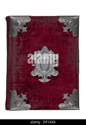 1880 Ancient Photoalbum red fabric. Protected with lead angles Stock Photo